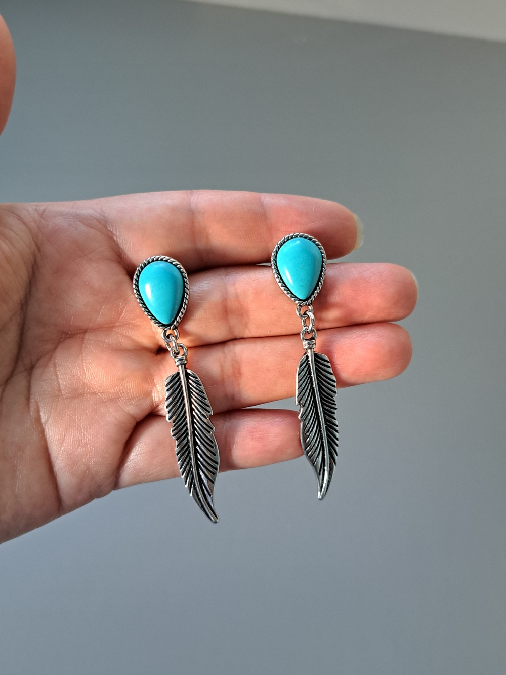 Turquoise Teardrop Feather Drop Earrings - Women Jewelry